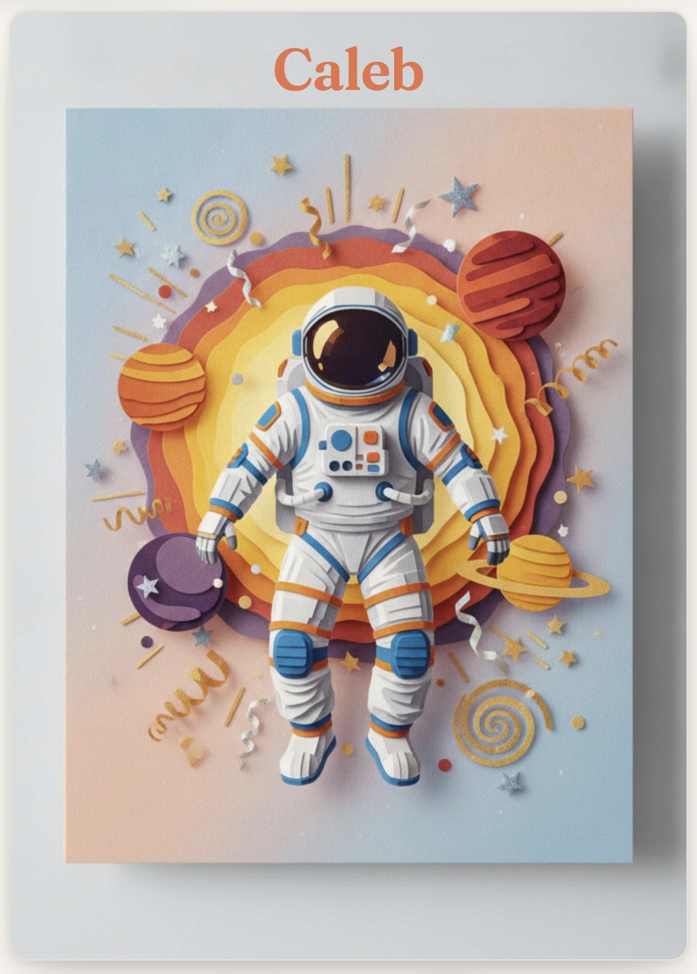 A finished Saludito card cover for Caleb, a paper-cut-style astronaut illustration surrounded by planets and confetti.