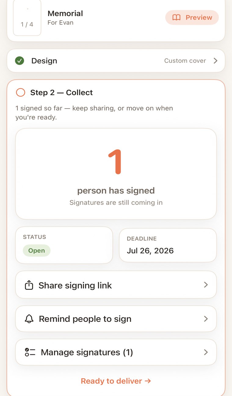 The organizer dashboard showing a live signature count, an open status, a deadline, and buttons to share the signing link, remind people, and manage signatures.