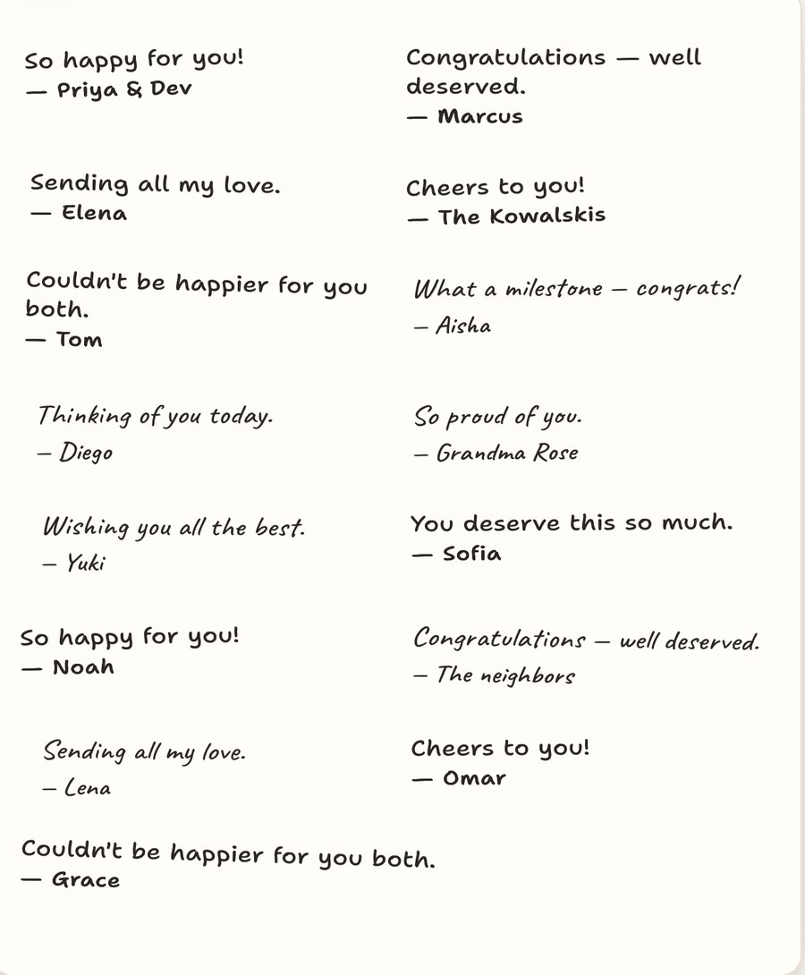 A page of handwritten-style signatures and notes from many different people on one card.