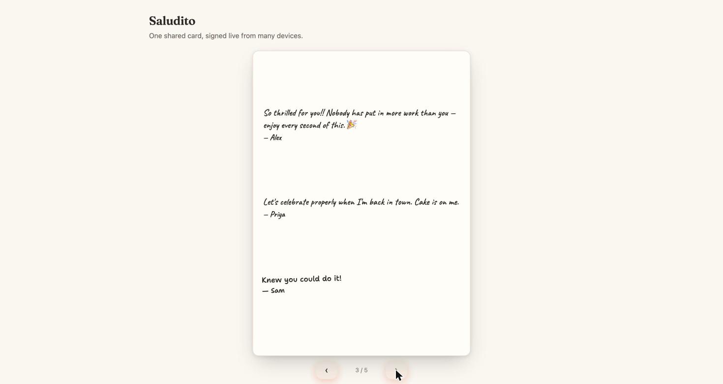 A page of signed notes inside a Saludito card.