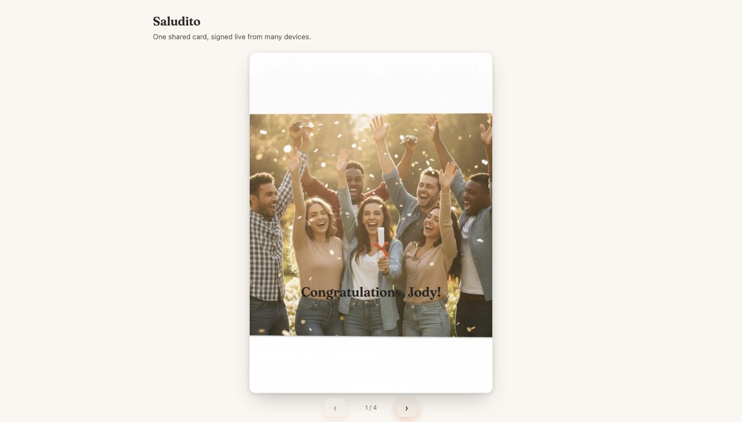 A Saludito card cover reading Congratulations, Jody! over a photo of friends celebrating.