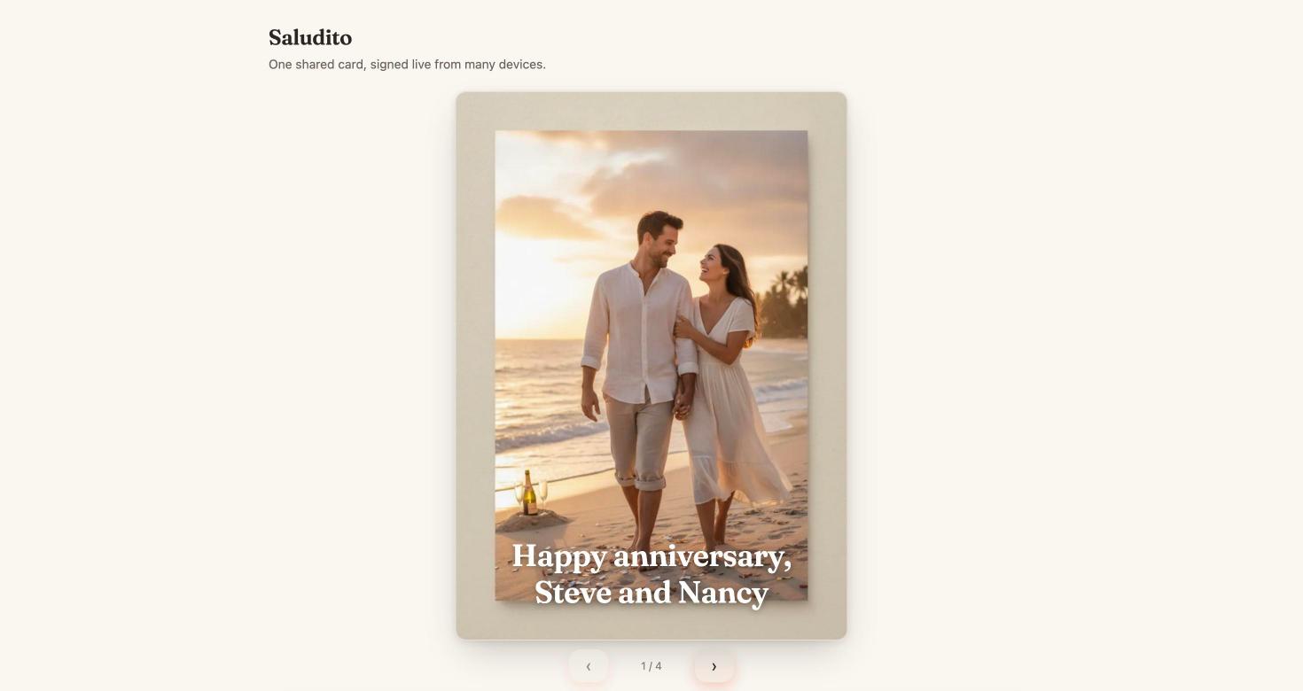 A Saludito card cover reading Happy anniversary, Steve and Nancy over a beach photo.