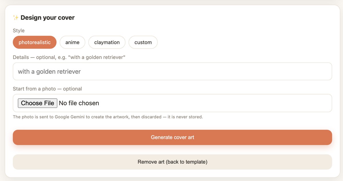 The cover art tool: choose photorealistic, anime, claymation, or a custom style, or start from your own photo.